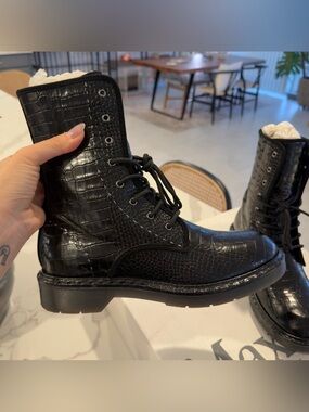 Max Mara Black Croc-Embossed Lace-Up Combat Boots